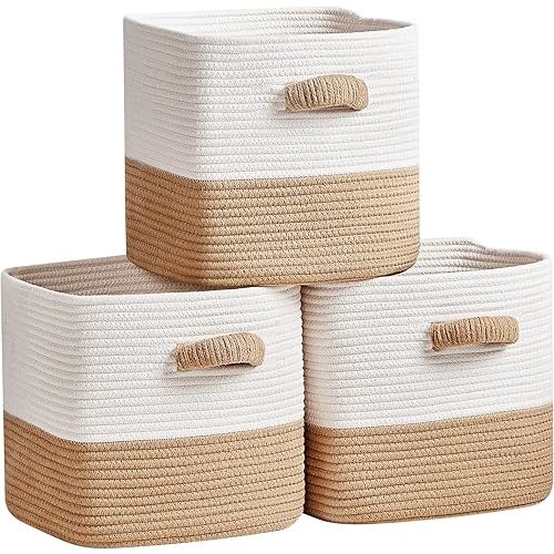 Storage Cube Baskets for Organizing -3 Pack -11 inch Square Baskets for Cube Storage, Closet Storage Bins-Woven Cube Storage Bins for Shelves- Ideal for Toy Storage |White & Khaki