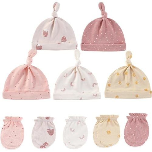 MAMIMAKA Baby Hat and Mittens Set Newborn Baby Hats Caps for Baby Boys Girls 0-6 Months 100% Cotton