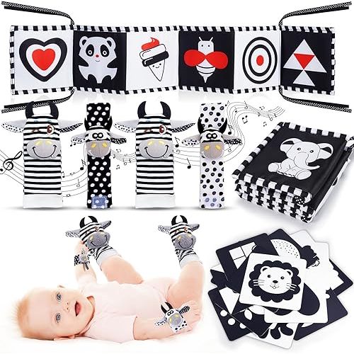 Baby Toys 0 3 6 12 Months, Notique Black and White Baby Toys Newborn Essentials with Wrist Rattle Socks Foot Finder Baby Stuff Sensory Book Tummy Time Toys High Contrast Flash Cards Infant Baby Gifts