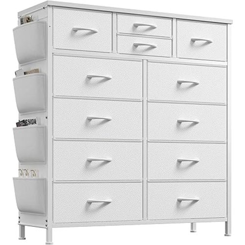 EnHomee Dresser for Bedroom with 12 Drawers, Tall Dressers & Chest of Drawers with Side Pockets, Fabric Dresser for Bedroom, Closet, Hallway, Living Room, Sturdy Metal Frame, Wood Top, White