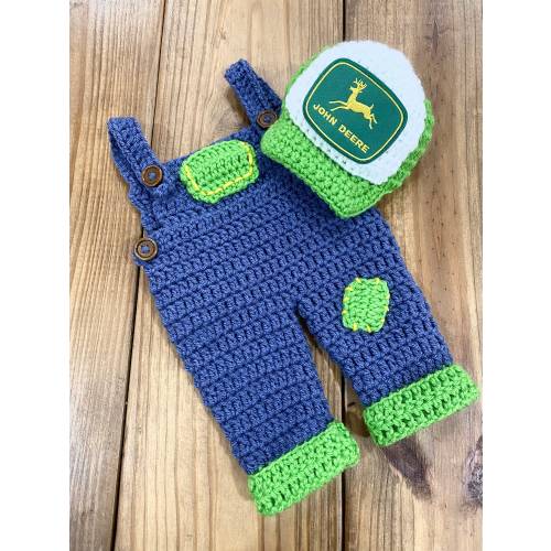 Crocheted Farmer Newborn Outfit: Tractor Overalls and Cap, Photo prop or Baby Shower Gift