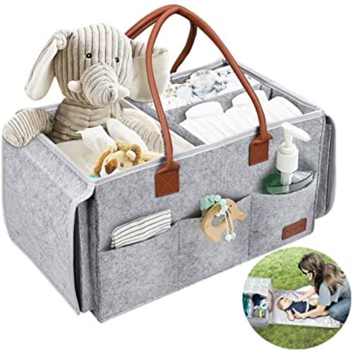 PAPERKIDDO Baby Diaper Caddy Organizer with Changing Table, 2 in 1 Portable Felt Nursery Storage Bin and Car Organizer for Diapers, Baby Wipes and Toys