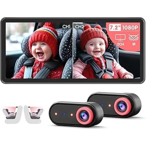 BM5PRO 7.2" Dual Camera Baby Monitor, 1080P HD Display for 2 Kids, Night Vision, Easy Install Car Baby Monitor, Ideal Gift, Rear Seat Safety for Babies & Pets