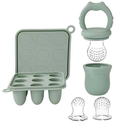 Socub Silicone Baby Fruit Food Feeder & Baby Food Freezer Tray Set, milk Popsicle Molds for Baby Teething Relief, Baby Food Pacifier Feeder for Self Feeding, Include 3 Sizes Food Pouch (Sage)