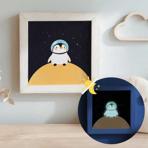 Penguin Poster Space Nursery Astronaut Print Penguin Decor Kids Bedroom Gift for Childrens Playroom Art Glow in the Dark Decoration