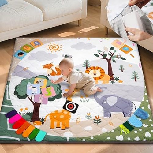 TINYHARBO Premium Foam Baby Play Mat 59x59, 4 Developmental Zones Play Mat with Removable & Machine Washable Cover, Extra Thick Padding Playpen Mat, Easy to Clean for Infants, Toddlers & Babies