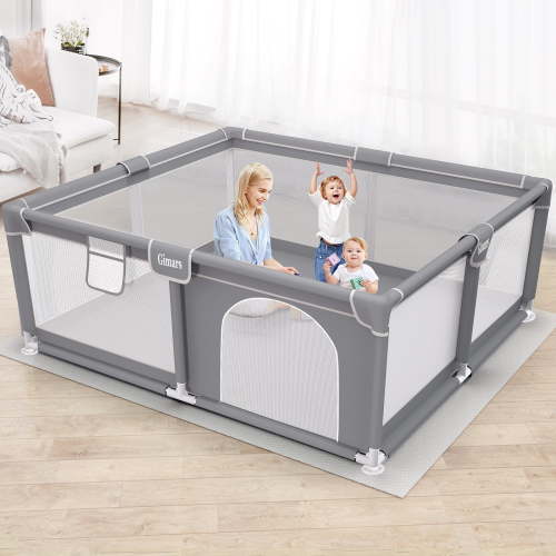 Upgraded 320D Washable Baby Playpen , 50''*50'' Large Playpen for Toddlers, Sturdy & Safe Playpen with Padded Cotton Top Rod for Protecting Babies, Baby Play Yard with Zipper Gate, Light Gray