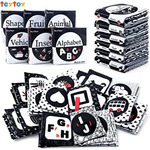 My First Soft Book,teytoy Nontoxic Fabric Baby Cloth Activity Crinkle Soft Black and White Book for Infants Boys and Girls Early Educational Toys Perfect for Baby Shower -Pack of 6