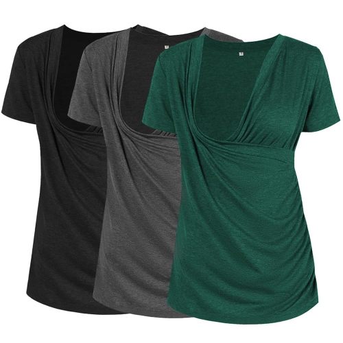 Liu & Qu Women's Maternity Nursing Tops, Layered Wrap for Breastfeeding, V-Neck Short Sleeve Tee Shirts 3 Packs