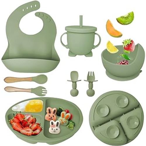 Silicone Baby Feeding Set, Baby Led Weaning Supplies with Suction Bowl Divided Plate, Toddler Self Feeding Dish Set with Spoons Forks Sippy Cup Adjustable Bib, Baby Eating Utensils(Dark Green)