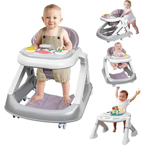 Baby Walker with Wheels,7 Gears Adjustable Height Toddler Walker with Game Board,5 Modes Infant Walker,Portable Walker with Music Tray and Footrests&Block Table,Activity Center for 6 Months-3 Years