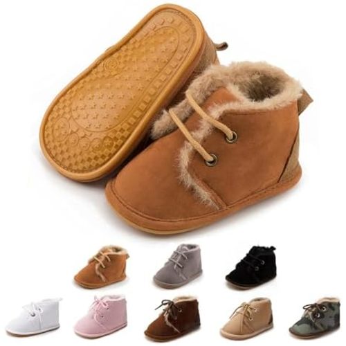 Baby Unisex Warm Snow Boots Newborn Leather Fur Lace Up Ankle Anti-Slip Rubber Texture Sole Toddler Prewalker Winter Crib Shoes