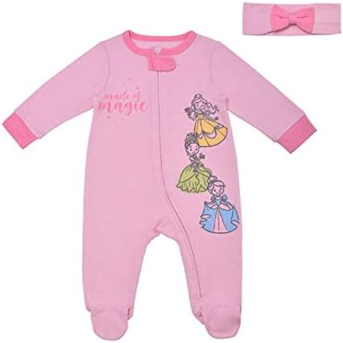 Disney Princess Girls’ Long Sleeve Footed Romper Coverall With Bow Headband for Newborn – Pink/White