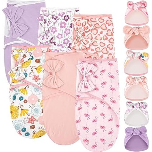 Ramede 6 Pack Swaddle Blanket with Hats for Baby Girl Boy 100% Cotton Swaddles 0-3 Months, Adjustable Breathable Skin Friendly Receiving Blanket Wrap, Essential for Newborns(Bow,Pink)