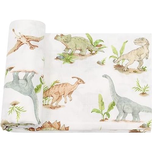 LifeTree Muslin Baby Swaddle Blanket Dinosaur World Pattern, Soft Baby Boy Receiving Blankets Summer Newborn Wrap, 47 x 47 inches, 70% Viscose from Bamboo and 30% Cotton