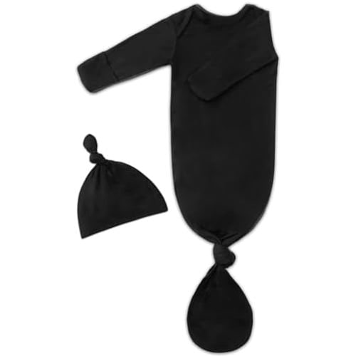 Baby Knotted Gown with Hat Set for Newborn Boy Girl, Ultra Soft Tie Gown with Mitten, Long Sleeve Infant Sleeper 0-3 M