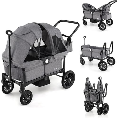 BABY JOY Wagon Stroller for 2 Kids, Collapsible Push Pull Double Stroller Wagon with Adjustable Handle Bar, Removable Canopy, Safety Harness, Cup Holder, Snack Tray & Storage Bag (Gray)