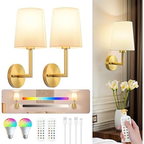 JKEYES Battery Operated Wall Sconces Set of Two, Gold Cordless Wall Sconce with 10000mAh RGB Dimmable Detachable Rechargeable Bulbs, 12 Colors Sconces Wall Decor for Bedroom Living Room Hallway