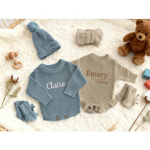 Custom Embroidered Baby Romper, Baby Name Knit Ruffle Romper, Baby Shower Gift, Ruffle Infant Romper, First Birthday Gift, First Xmas Gift