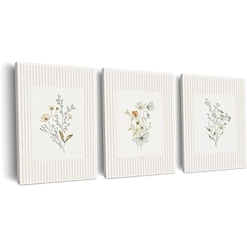 MTFBWY Botanical Wall Art Set of 3, Wildflower Floral Canvas Prints, Vintage Meadow Herbarium Gallery Wrapped Wall Decor, Neutral Nature Artwork for Bedroom Living Room Home Decor, 12x16 Inch