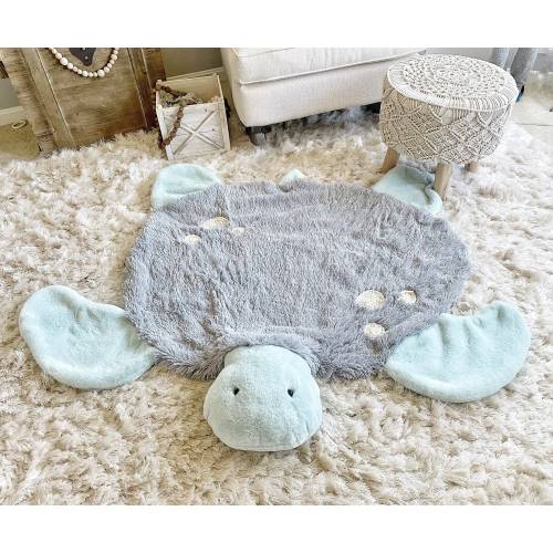 Sea turtle decorative nursery rug. Plush turtle stuffed decor for kid room. Ocean nursery theme. Light gray accent rug. Baby shower gift.