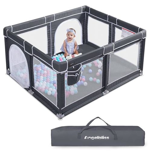 ANGELBLISS Baby Playpen, Extra Large Playard, Indoor & Outdoor Kids Activity Center with Anti-Slip Base, Sturdy Safety Play Yard with Breathable Mesh, Kid's Fence for Toddlers (Dark Grey, 50x50)