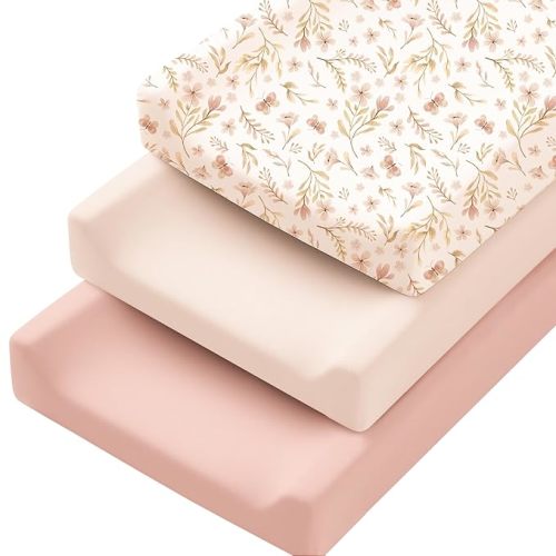 Konssy 3 Pack Stretchy Changing Pad Covers for Girl, Boy, Silky Soft Changing Table Cover, Breathable Baby Nursery Diaper Chang Pad Sheets (Blossom)