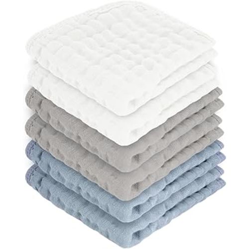 Baby Washcloths 100% Cotton Size is 12x12 inches. Lightweight, Portable, and Ideal for use at Home or on The go. (White & Grey 6 Pieces)