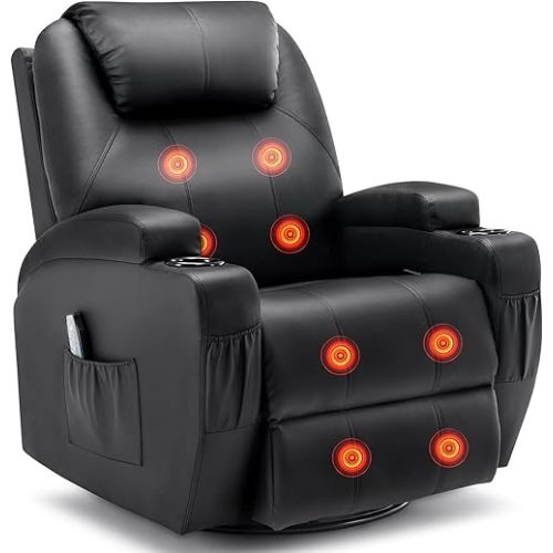 Recliner Chair, Rocking Chair with Massage and Heat, 360° Swivel Recliner Chairs for Adults, Rocker Manual Recliner with Remote Control and Cup Holder for Living Room, Bedroom, Nursery