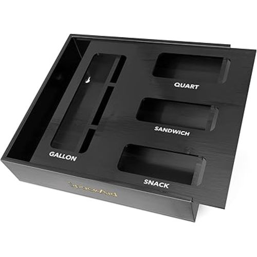 SpaceAid Bag Storage Organizer for Kitchen Drawer, Bamboo Organizer, Compatible with Gallon, Quart, Sandwich and Snack Variety Size Bag (1 Box 4 Slots), Black