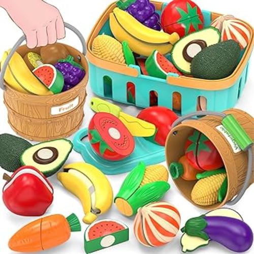 Sorting Play Food Sets - 2 Buckets with Handle, 1 Storage Basket, Fruit&Vegetable Cutting Food Toy, Pretend Fake Kids Kitchen Accessories for Preschool Learning,Birthday Gifts for Toddler Educational