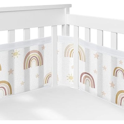 Sweet Jojo Designs + BreathableBaby Boho Rainbow Girl Breathable Mesh Crib Liner Anti-Bumper Baby and Infant - Blush Pink Yellow Tan Bohemian Modern Neutral Vintage Dusty Rose Mauve Taupe Stars Sun