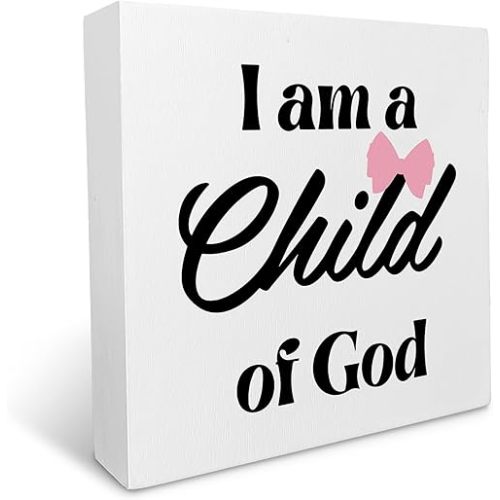 KU-DaYi I am a Child of God Wood Box Sign, Christian Baptism Decorations Decor, Religious Bible Verse Decor, Baby Kids Girl Boy Nursery Teen Room Wooden Block Plaque Desk Decor 5x5 Inch