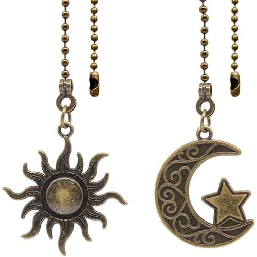 Ceiling Fan Pull Chain Set Decorative Totem Bohemia Pull Chain Pendant Extension 12 Inches Lighting Fan Beaded Ball Fan Pull Chain Extender Ornament with Connector Moon and Sun (Copper)