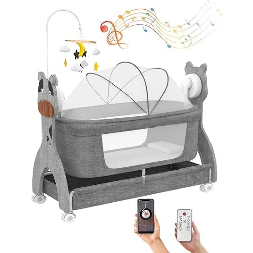 Electirc Baby Bassinet, Rocking Baby Crib with Locking Wheels, Baby Bassinets Bed Sleeper for Newborn with Remote Connection,Portable Baby Cradle for Infant with 3-Speed Swing and Timer,Bluetooth