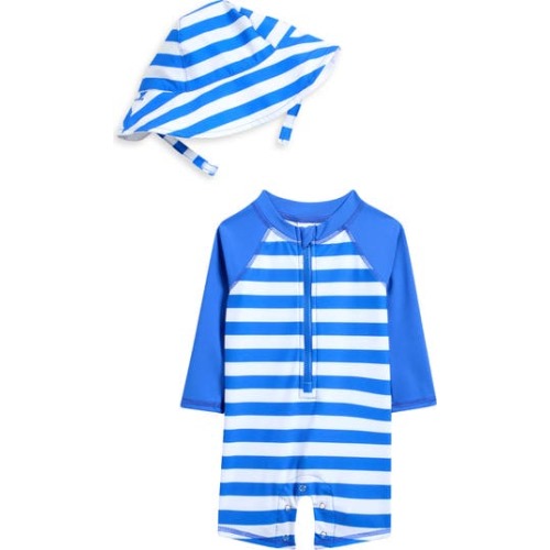 One-Piece Romper Swimsuit & Bucket Hat Set, 12M