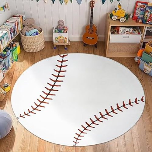 Soft Round Rugs for Bedroom, Baseball Rug for Boys, Bedside Area Kids Carpet, Baseballs Lovers Home Decor Indoor Circle Carpets for Living Room, Nursery, Dorms Machine Washable,40 Inch