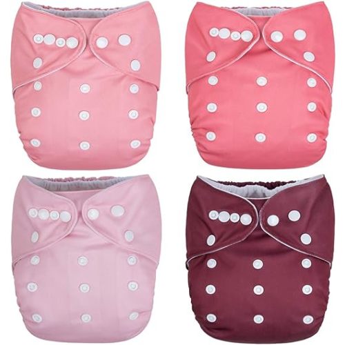 Nora's Nursery Cloth Pocket Diapers 4 Pack with 4 Inserts - Waterproof Cover, Washable, Reusable & One Size Adjustable Pocket Diapers for Newborns and Toddlers - Berry Mauve