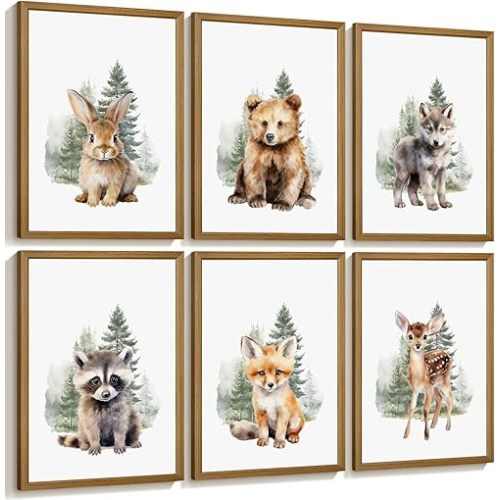 Woodland Animal Nursery Wall Art Decor Set of 6 Baby Boys Room Wall Art Forest Animal Canvas Wall Decor Kids Art Prints Watercolor Bear Deer Fox Pictures Artwork for Bedroom 8x10 Inch Wood Framed