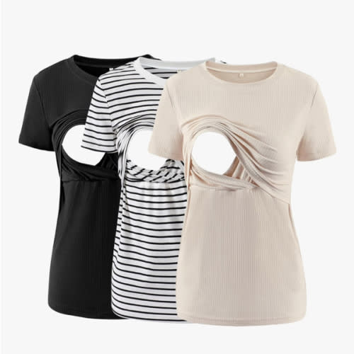 Liu & Qu Women's Maternity Nursing Tops Rib Short Sleeve Breastfeeding Shirts Maternity Clothes 3-Pack