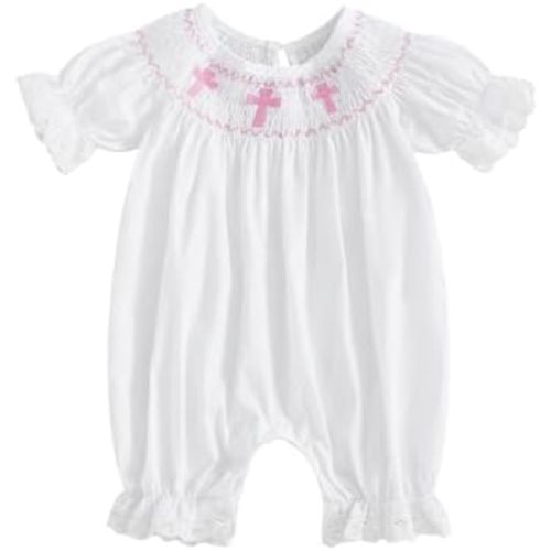 Lamuusaa Newborn Baby Girl Baptism Outfit Smocked Crosses Embroidery Romper One Piece Bodysuit Jumpsuit Summer Clothes