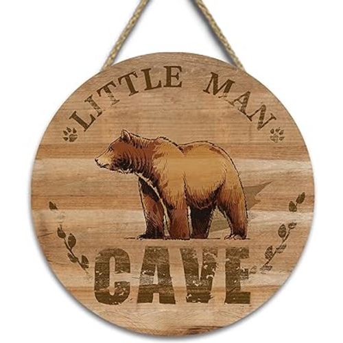 Wooden Little Man Cave Sign for Baby Boy Nursery Decor, Woodland Nursery Room Wall Decorations, Rustic Farmhouse Bear Wall Art Decor Kids Bedroom Hanging Decor (A)