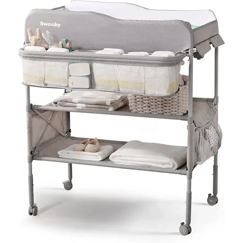 Sweeby Portable Baby Changing Table, Foldable Changing Table Dresser Changing Station for Infant, Waterproof Diaper Changing Table Pad Topper, Mobile Nursery Organizer for Newborn Essentials (Grey)