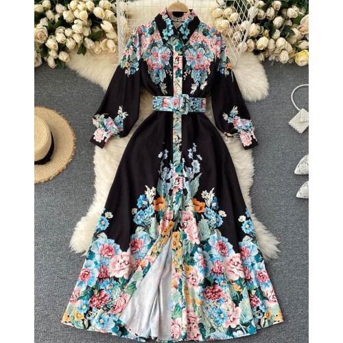 Vintage All Over Print Long Sleeve Maxi Dress With Belt