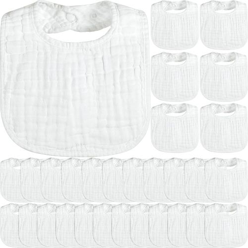 Reginary 30 Pack White Muslin Baby Bibs Bulk Adjustable 6 Layers Baby Bandana Drool Bibs for Boys Girls Newborn Cotton Soft Absorbent Muslin Burp cloth for Drooling and Teething