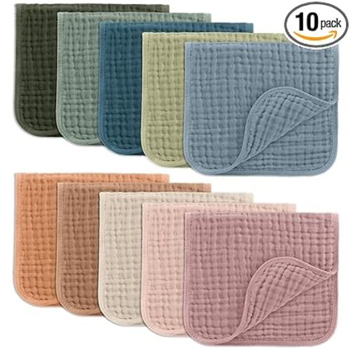 Comfy Cubs Muslin Burp Cloths 20" x 10", Pack of 10 - Large, 6-Layer, Ultra Absorbent 100% Cotton for Baby Drool and Messes - Soft, Safe & Gentle Baby Burp Cloths for Boys & Girls - Multi