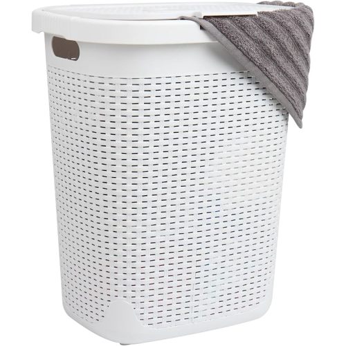 Mind Reader 50L Slim Laundry Hamper, Clothes Basket, Lid, Wicker Design, Plastic, 17.65"L x 13.75"W x 21"H, White