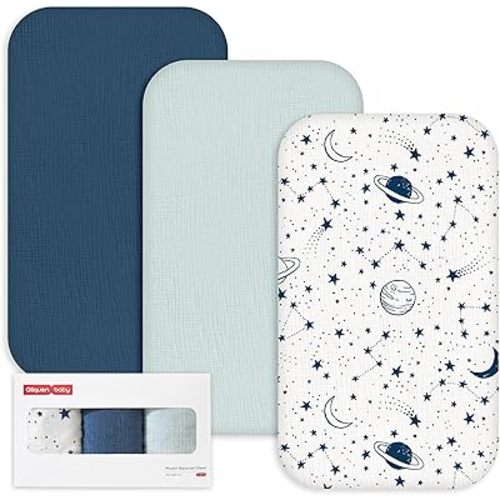 Gllquen Baby 3-Pack Muslin Cotton Bassinet Sheets, 33"x20" Fitted Crib Sheets for Bedside Sleeper & Travel Crib, Oeko-TEX Certified Soft Breathable Sheets, Easy On/Off (Planet)