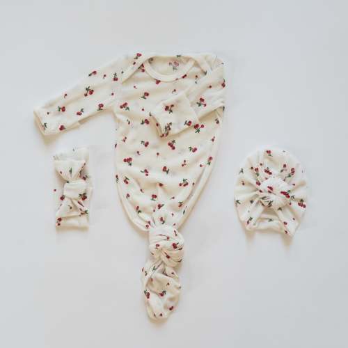 Sleeper and Headwrap Set in Cherry Pie