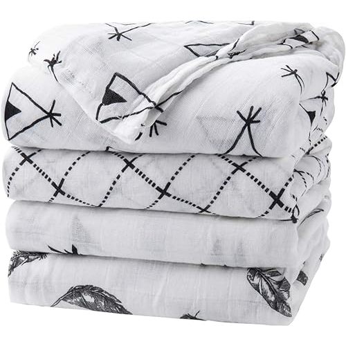 upsimples Baby Swaddle Blanket Unisex Swaddle Wrap Soft Silky Muslin Swaddle Blankets Neutral Receiving Blanket for Boys and Girls, Large 47 x 47 inches, Set of 4-Arrow/Feather/Tent/Crisscross